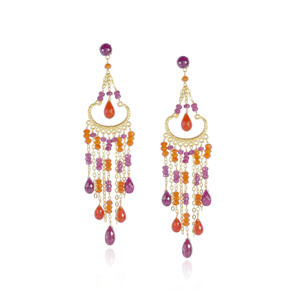 9ct Gold Ruby & Carnelian Chandelier Earrings