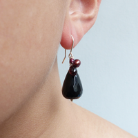 Black Onyx, Garnet and Peacock pearl Fish Hook Drops