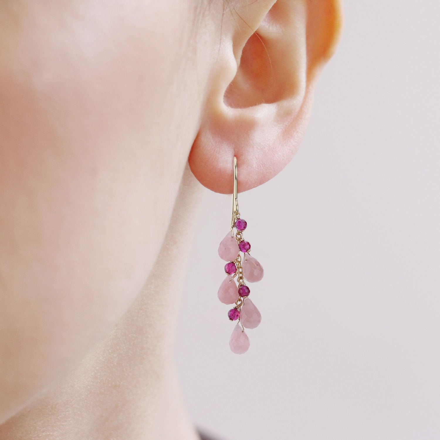 Gold Filled Waterfall Earrings with Scattered Faceted Ruby Briolettes & good Pearls