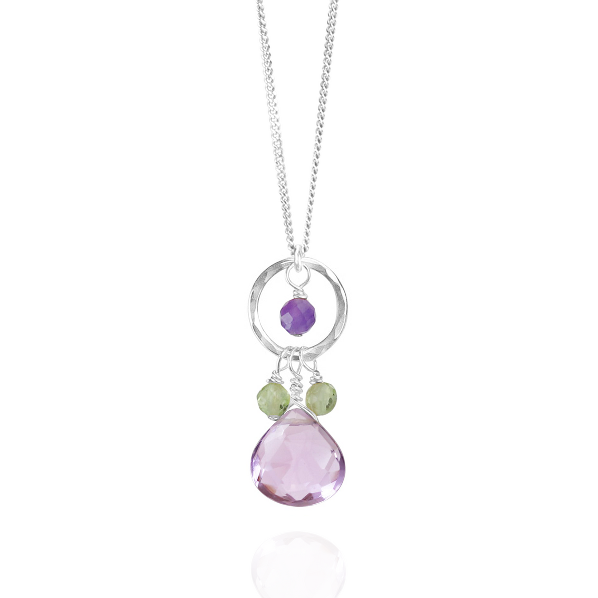 Hammered circle design with gemstone drop pendant necklace, adding elegance and shine.