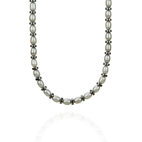 Men's pearl and hematite necklace, combining elegant pearls with bold hematite accents.