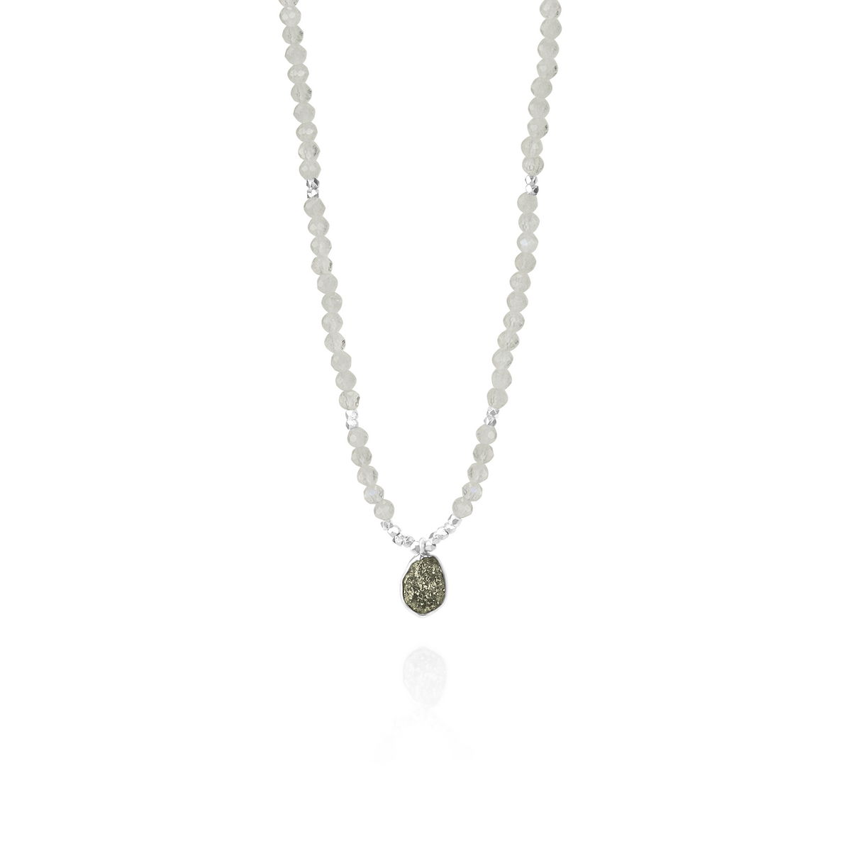 Elegant moonstone pendant with a silver setting and rough diamond accent.