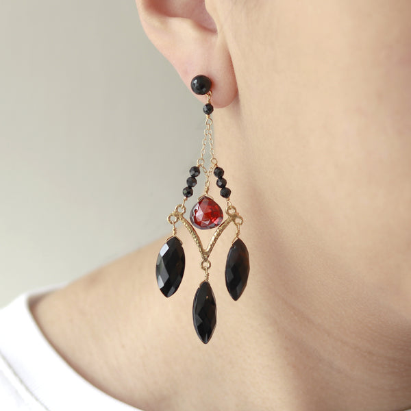 Black Onyx & Garnet Zircon Chandelier Earrings