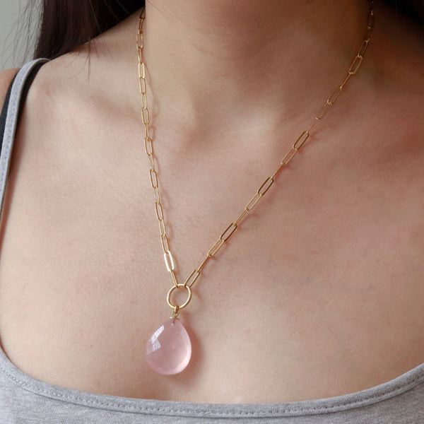 Large Pear Cut Rose Quartz Necklace