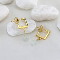 Gold Square Hoops With Aquamarine Drops