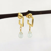 Gold Square Hoops With Aquamarine Drops