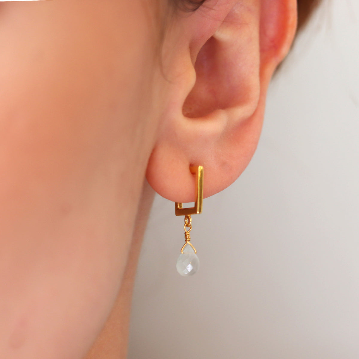 Gold Square Hoops With Aquamarine Drops