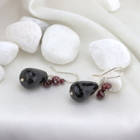 Black Onyx, Garnet and Peacock pearl Fish Hook Drops