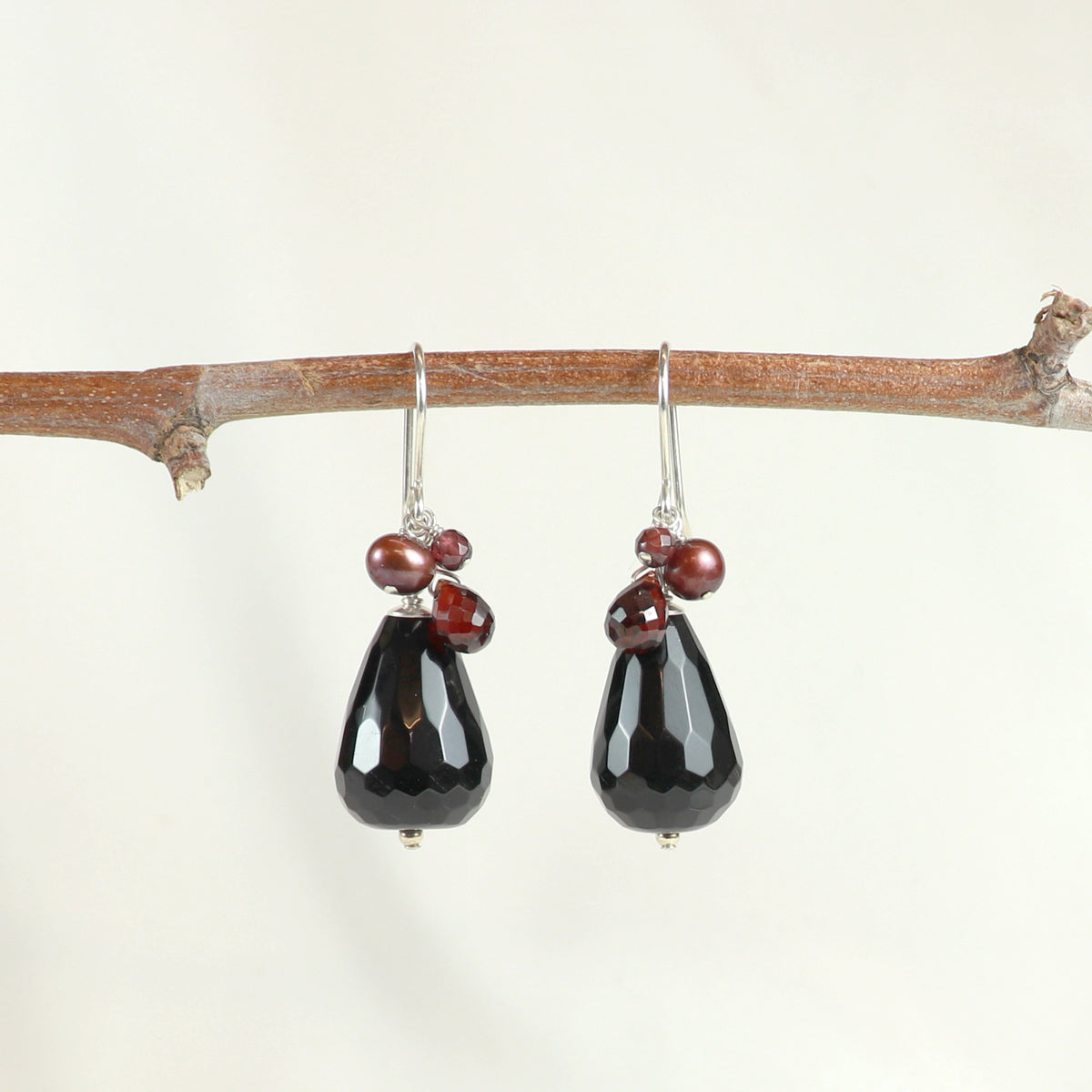 Black Onyx, Garnet and Peacock pearl Fish Hook Drops