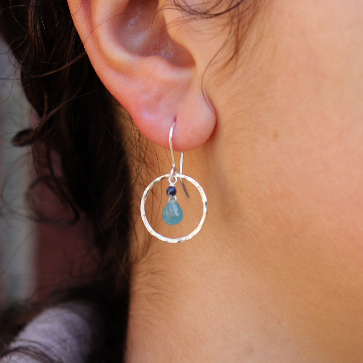 Silver Hammered Circle with Blue Quartz and Sapphire Drops