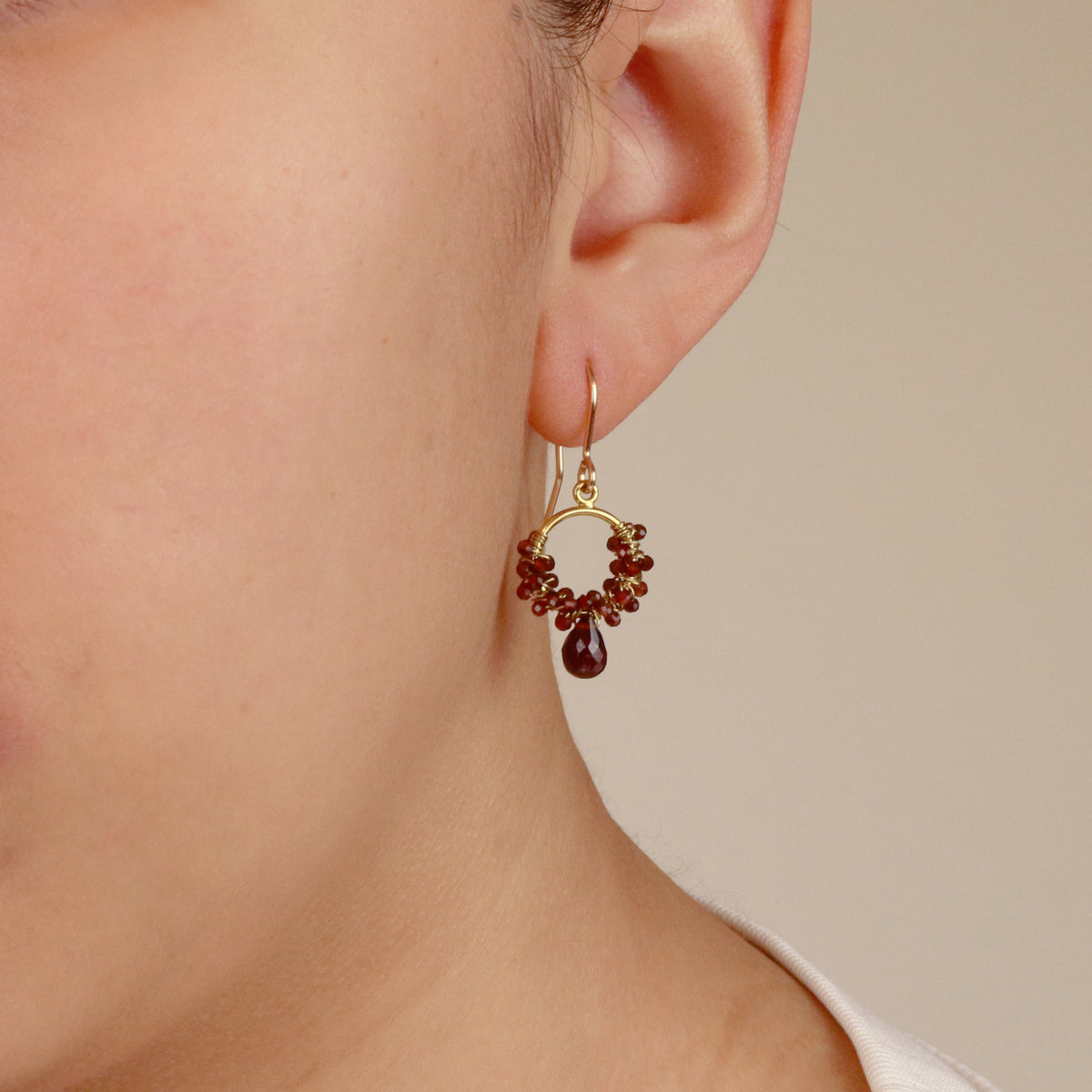 Mini Hoop Garnet Clustered Earrings