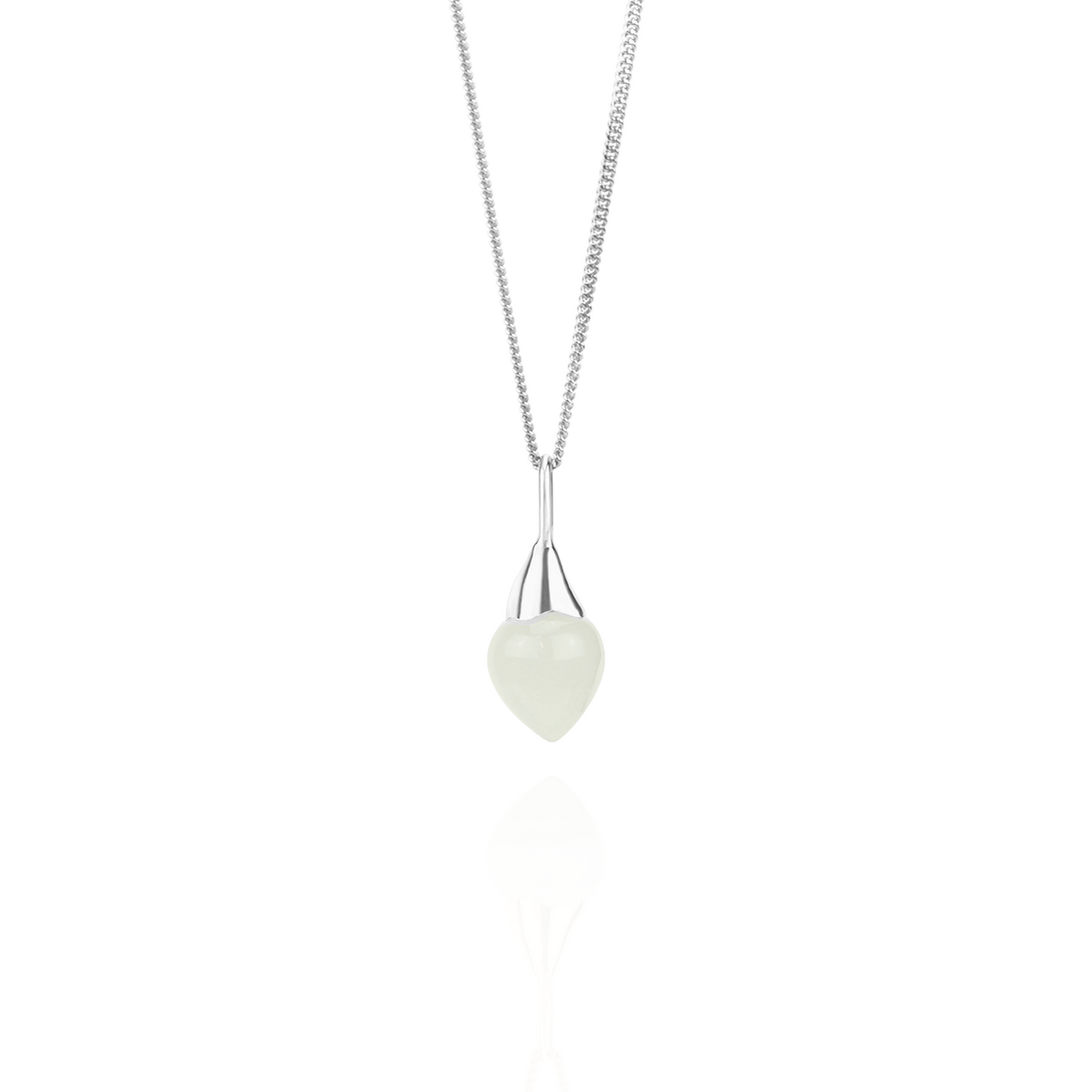 Moonstone acorn necklace set in silver, featuring a glowing moonstone gemstone for a serene and elegant jewelry piece.