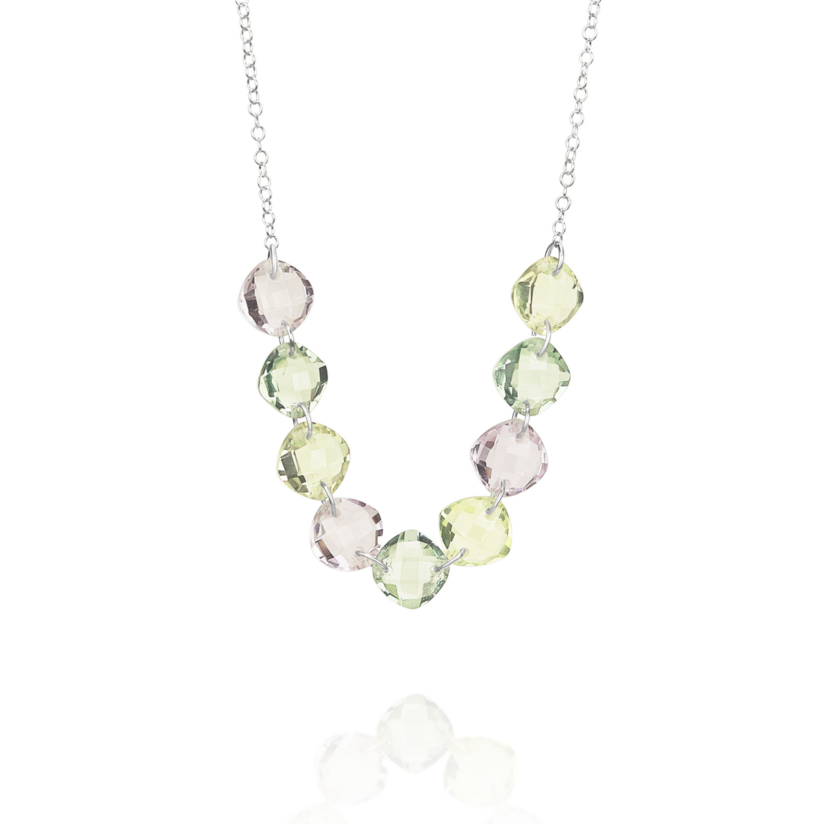 Elegant multi-cushion-cut gemstone necklace featuring an assortment of colorful gemstones, perfect for adding a vibrant touch.