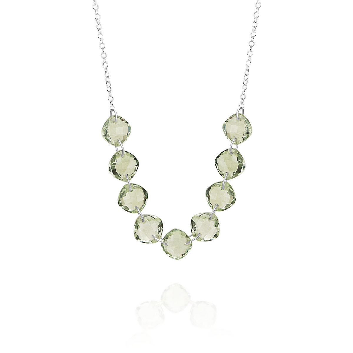 Chic multi-cushion-cut gemstone necklace featuring green amethyst stones, perfect for a sophisticated and colorful look.