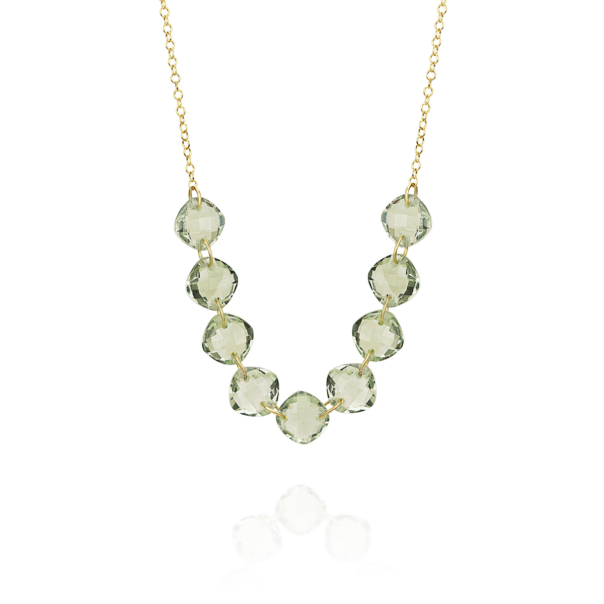 Stunning multi-cushion-cut gemstone necklace featuring green amethyst stones for a chic and elegant design.