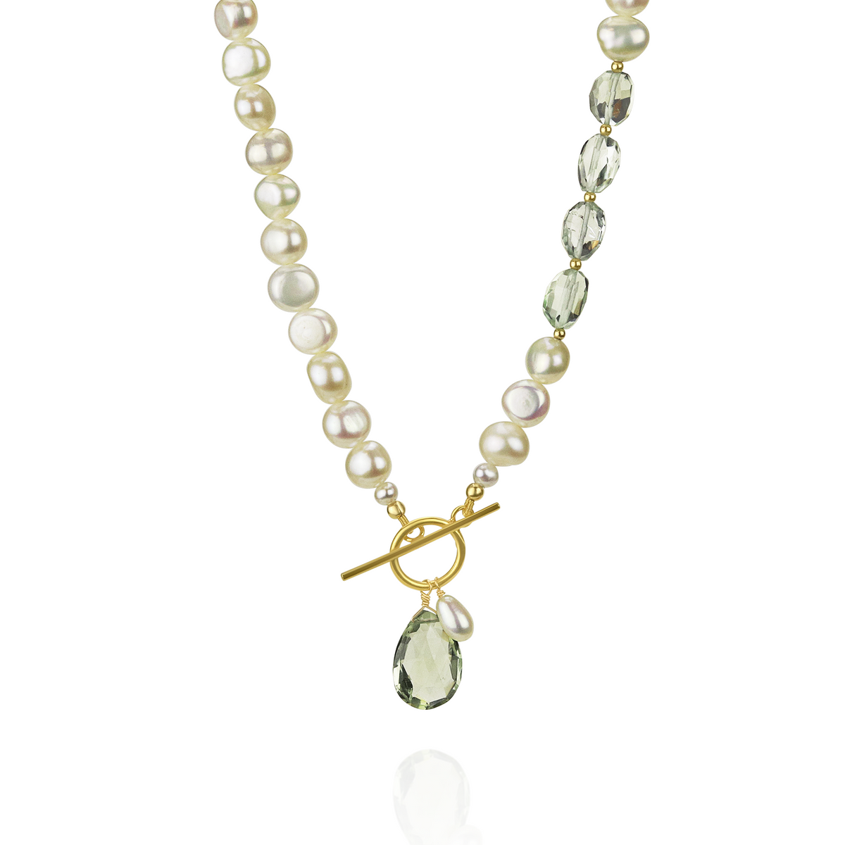 Alternate view of the pearl and green amethyst toggle pendant in gold, showcasing its refined craftsmanship.