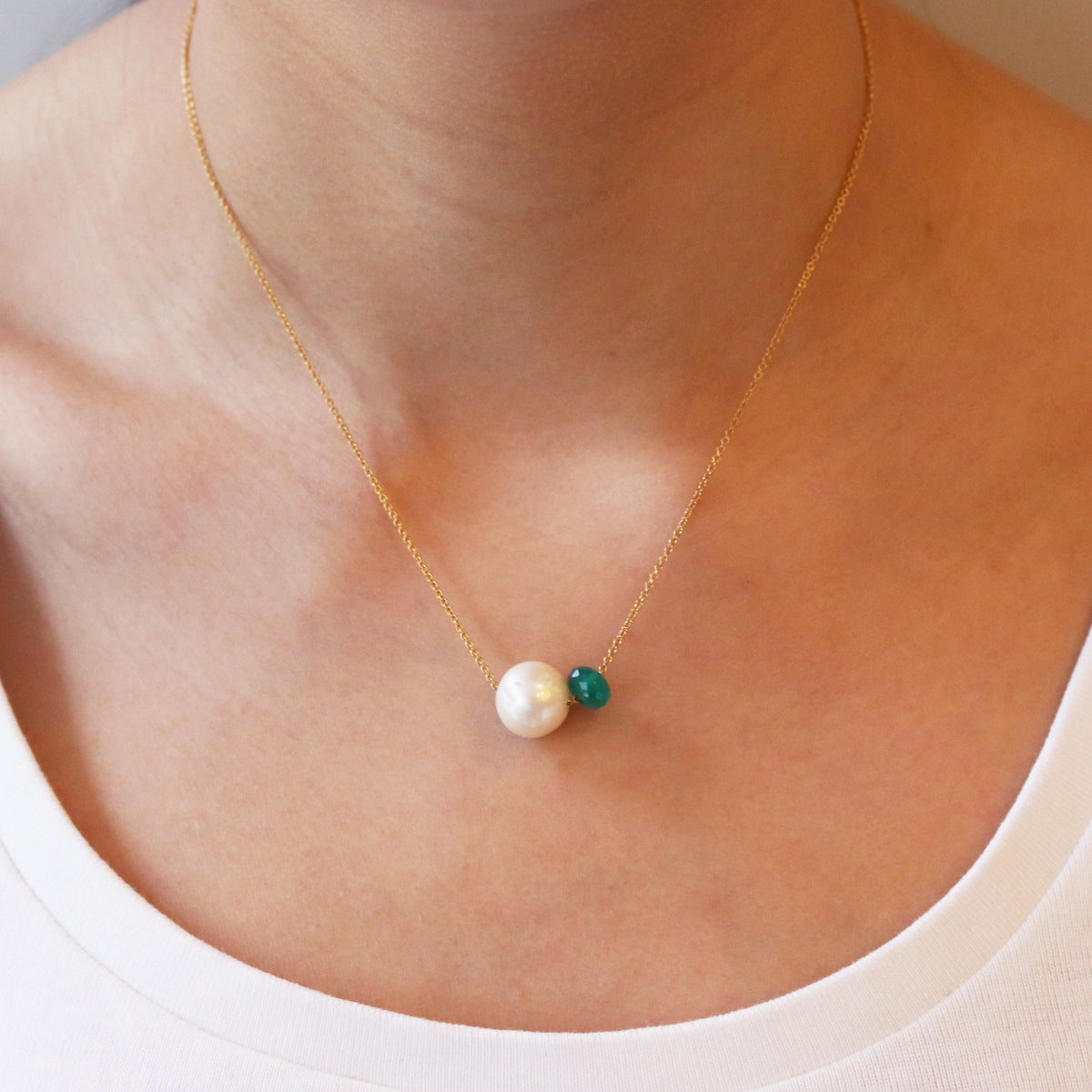 Pearl and Green Onyx Bead Necklace