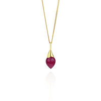 Pink quartz acorn necklace set in gold, featuring a soft pink gemstone for a delicate and elegant jewelry piece.