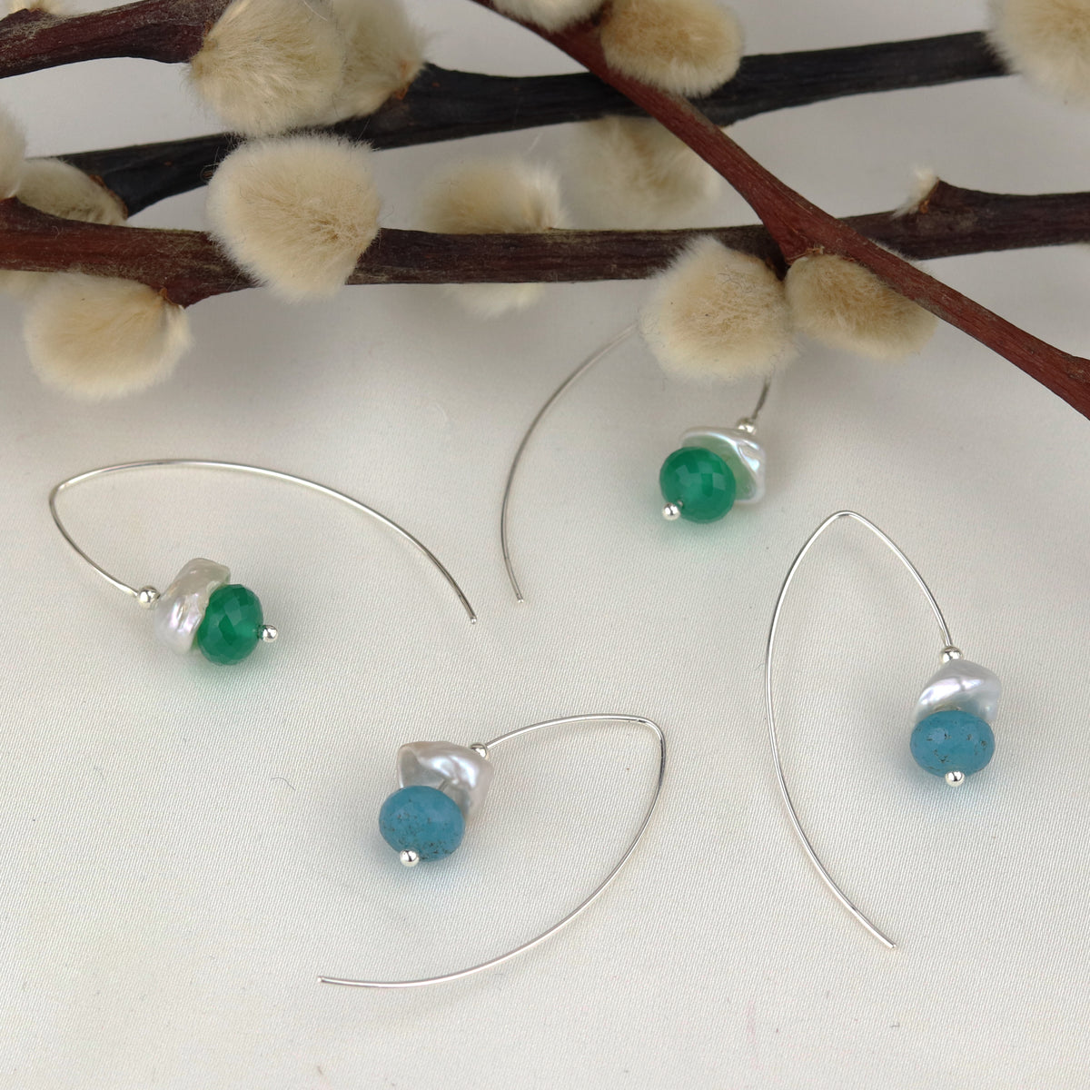 Pod Earrings with Keshi Pearl and Stones