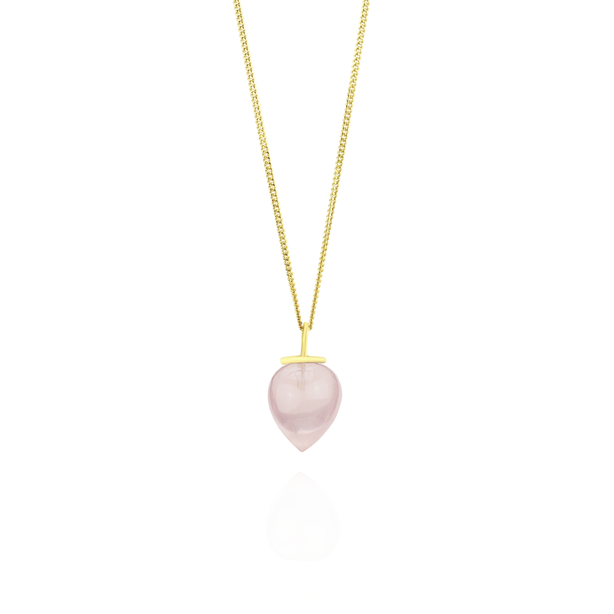 Smooth acorn pendant featuring a soft pink quartz gemstone, set in a sleek design for a delicate and elegant addition to any jewelry collection.