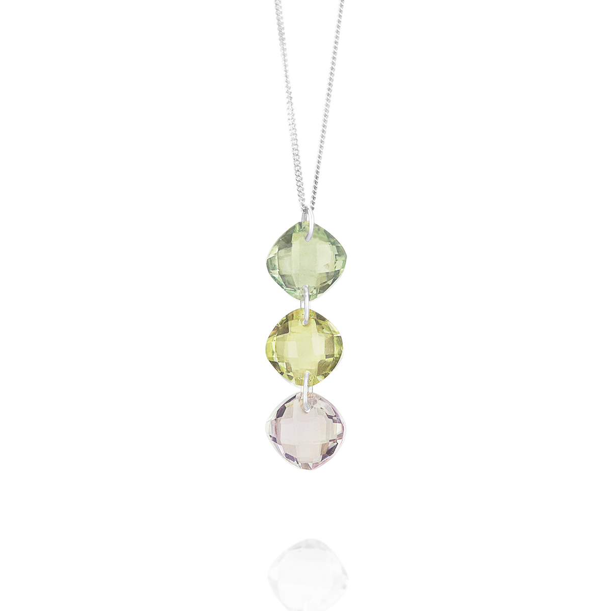 Stunning triple cushion-cut gemstone pendant featuring a mix of vibrant stones for a bold and elegant look.