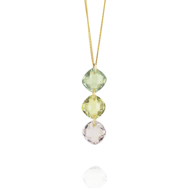 Elegant triple cushion-cut gemstone pendant featuring a vibrant mix of stones for a unique and sophisticated look.