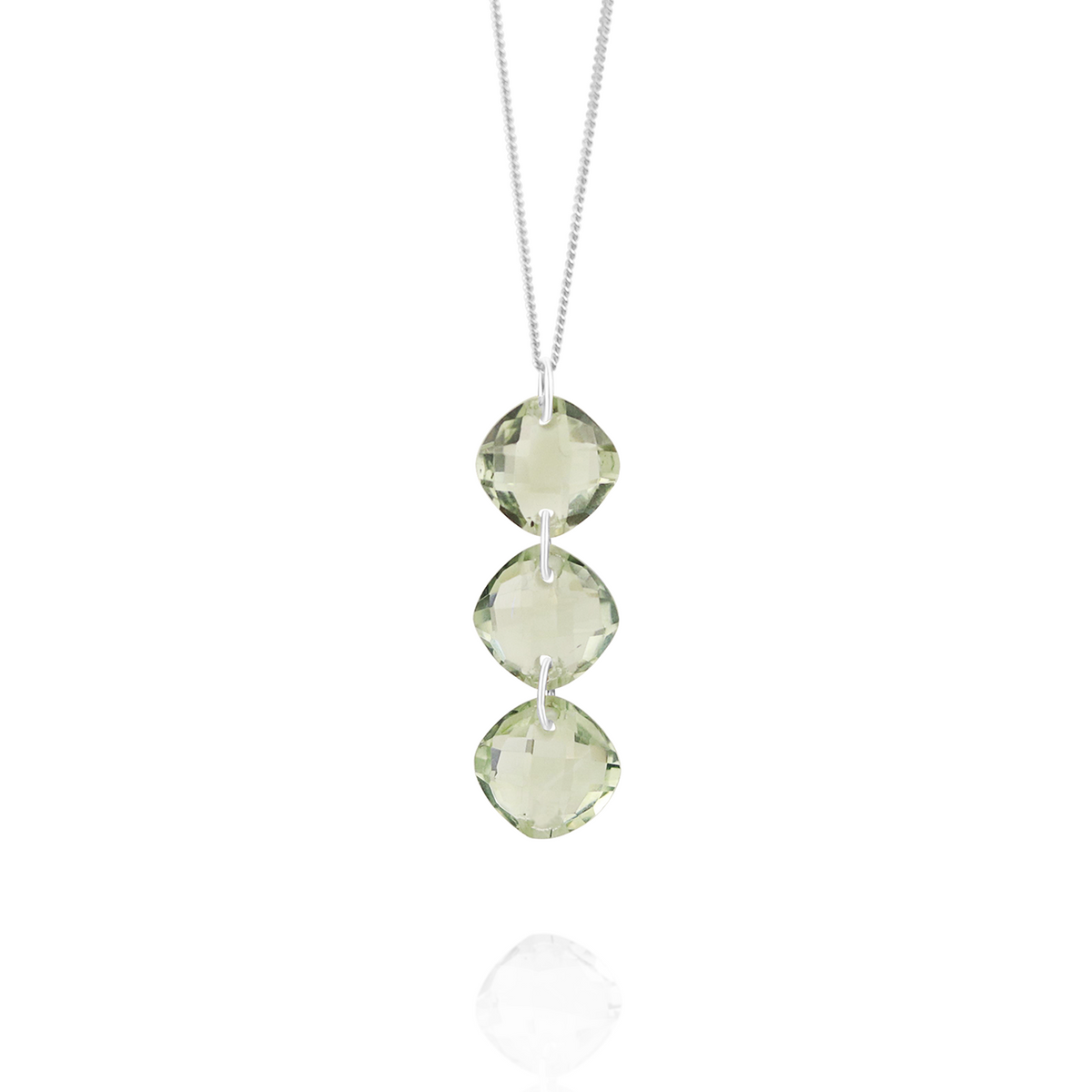 Elegant triple cushion-cut gemstone pendant featuring green amethyst for a sophisticated and timeless design.