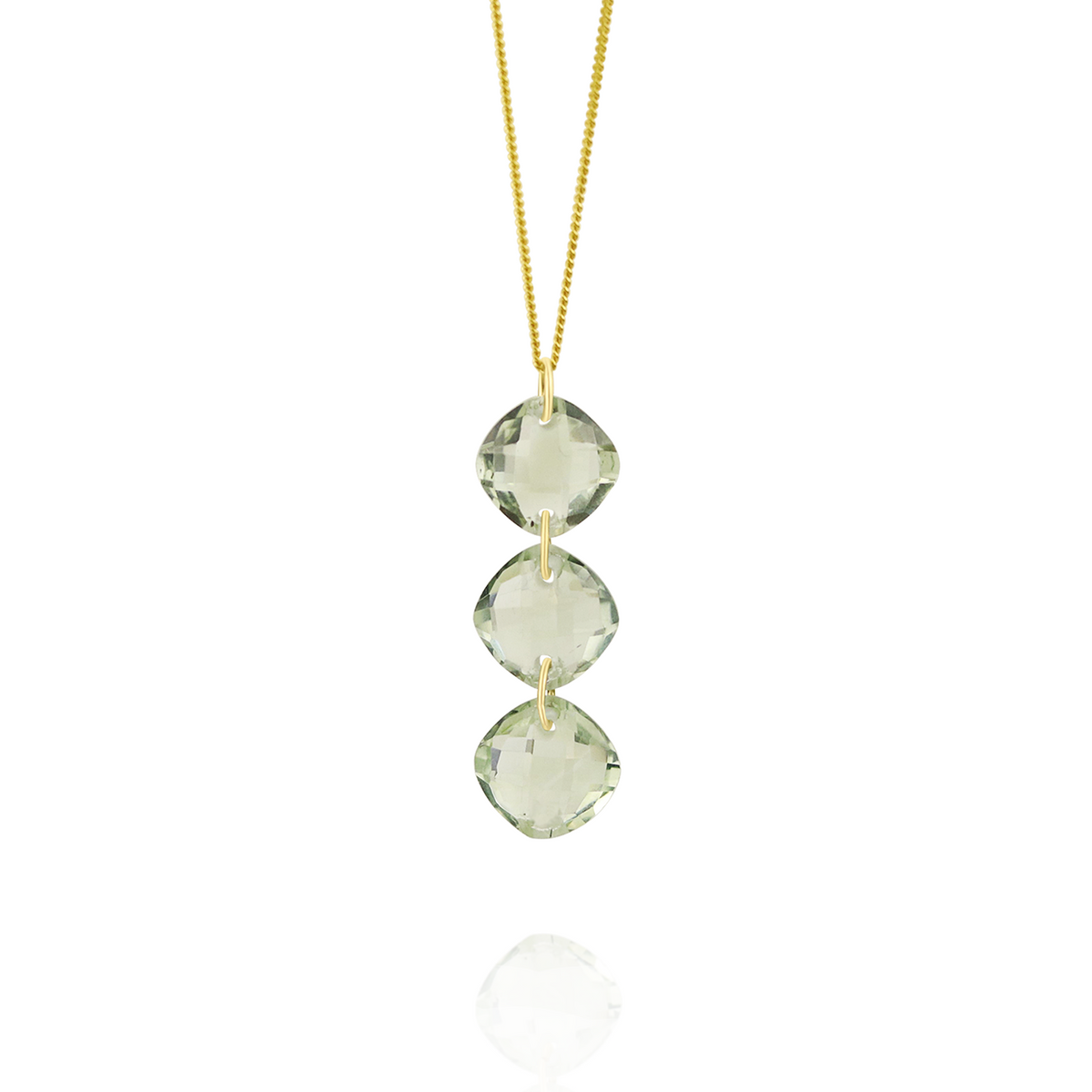 Stylish triple cushion-cut gemstone pendant with green amethyst, designed for a chic and timeless look.