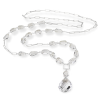 Elegant long necklace featuring tumbled rock crystal gemstones, perfect for adding a touch of sophistication to any outfit.