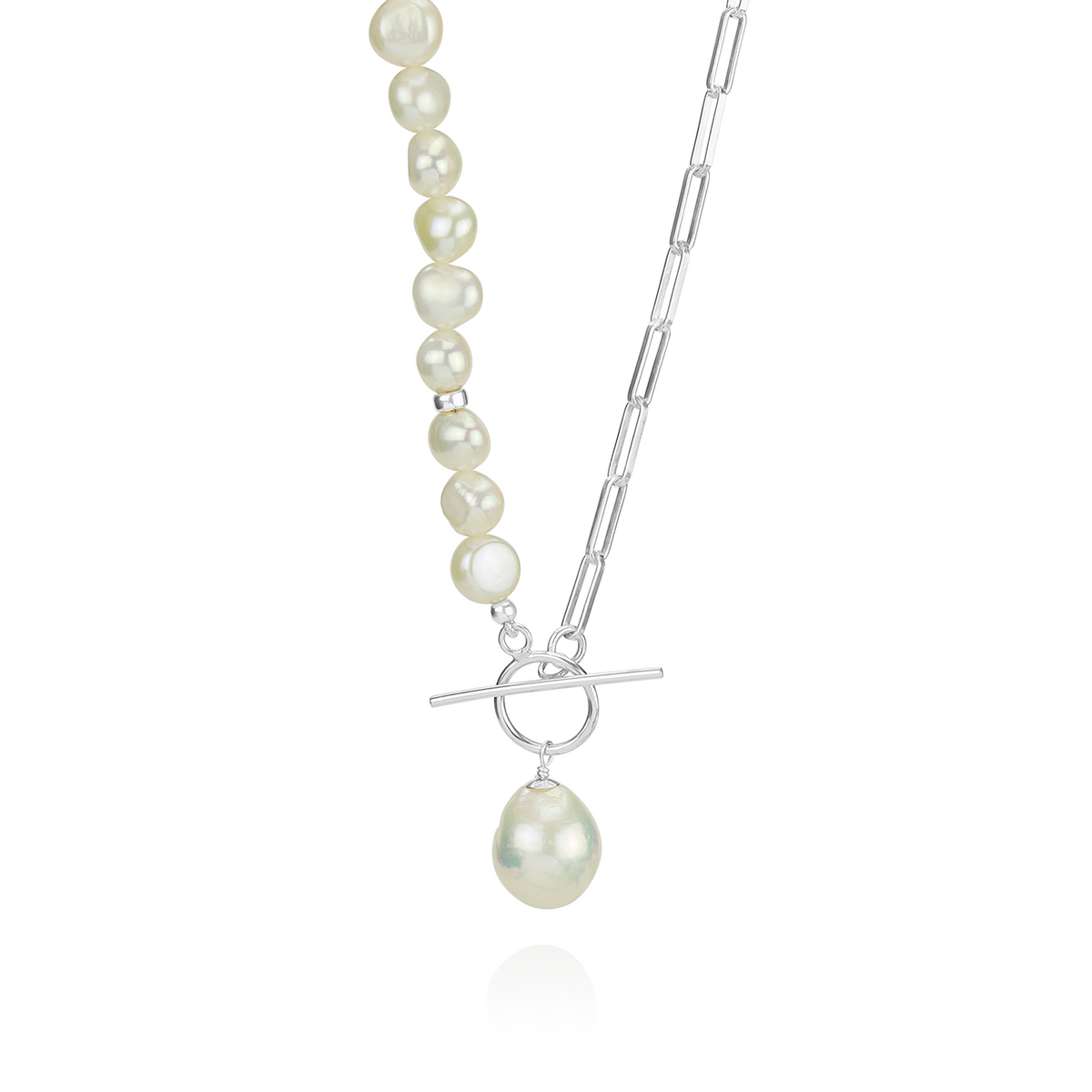 White pearl and paperclip chain toggle necklace, featuring an elegant design with pearls and a modern toggle clasp, perfect for a sophisticated, contemporary look.