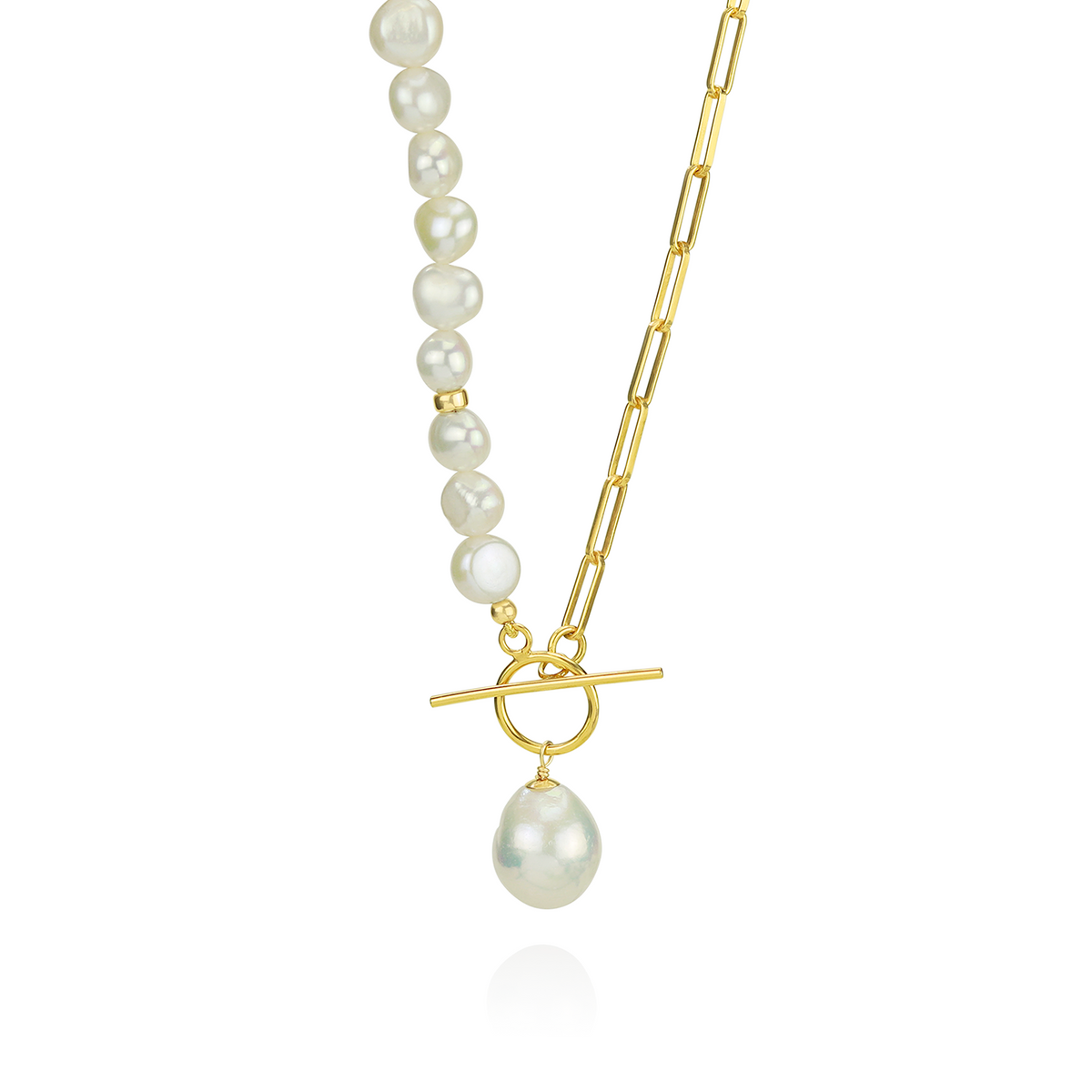 White pearl and paperclip chain toggle necklace, combining elegant pearls with a modern paperclip chain design, perfect for a chic and contemporary look.