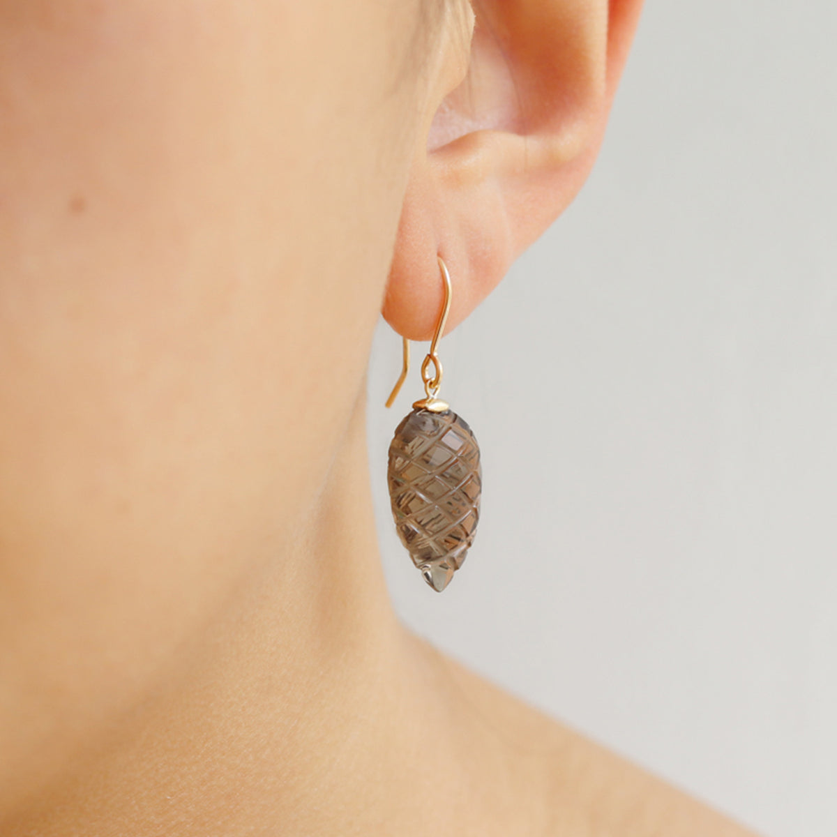 Carved Leaf Smoky Quartz Drop Earrings