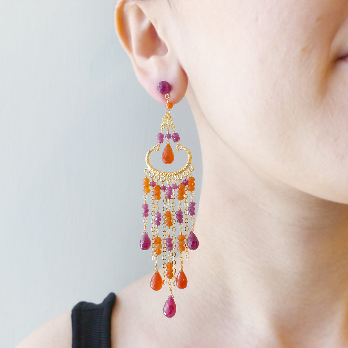 9ct Gold Ruby & Carnelian Chandelier Earrings